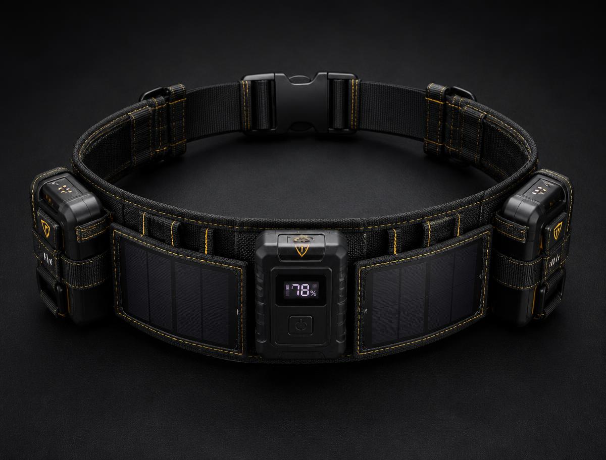 Top view of the PowerRig belt showing solar panels, power hub and battery holsters