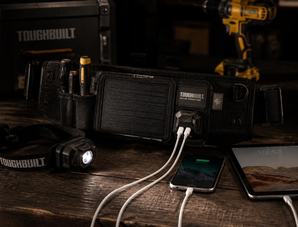 PowerRig power hub charging a phone, tablet and headlamp on a workbench