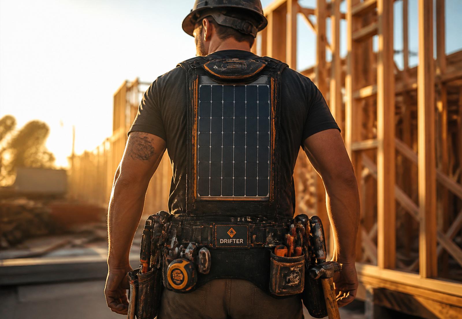 Worker seen from behind wearing the PowerRig solar backplate harness on the jobsite